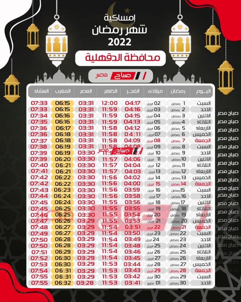 إمساكية رمضان 2022 محافظة الدقهليه