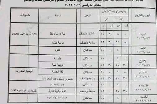 جدول امتحانات محافظة قنا الترم الثاني 2022 المرحلتين الابتدائية والإعدادية