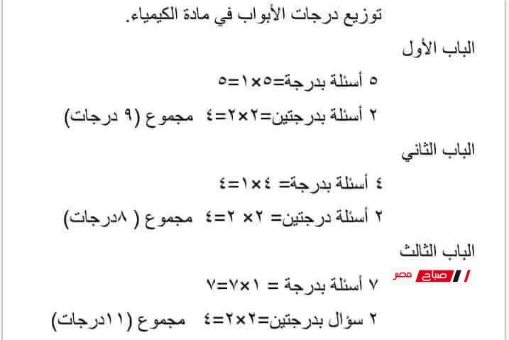 توزيع درجات امتحان الكيمياء للثانوية العامة 2025 بالتفصيل